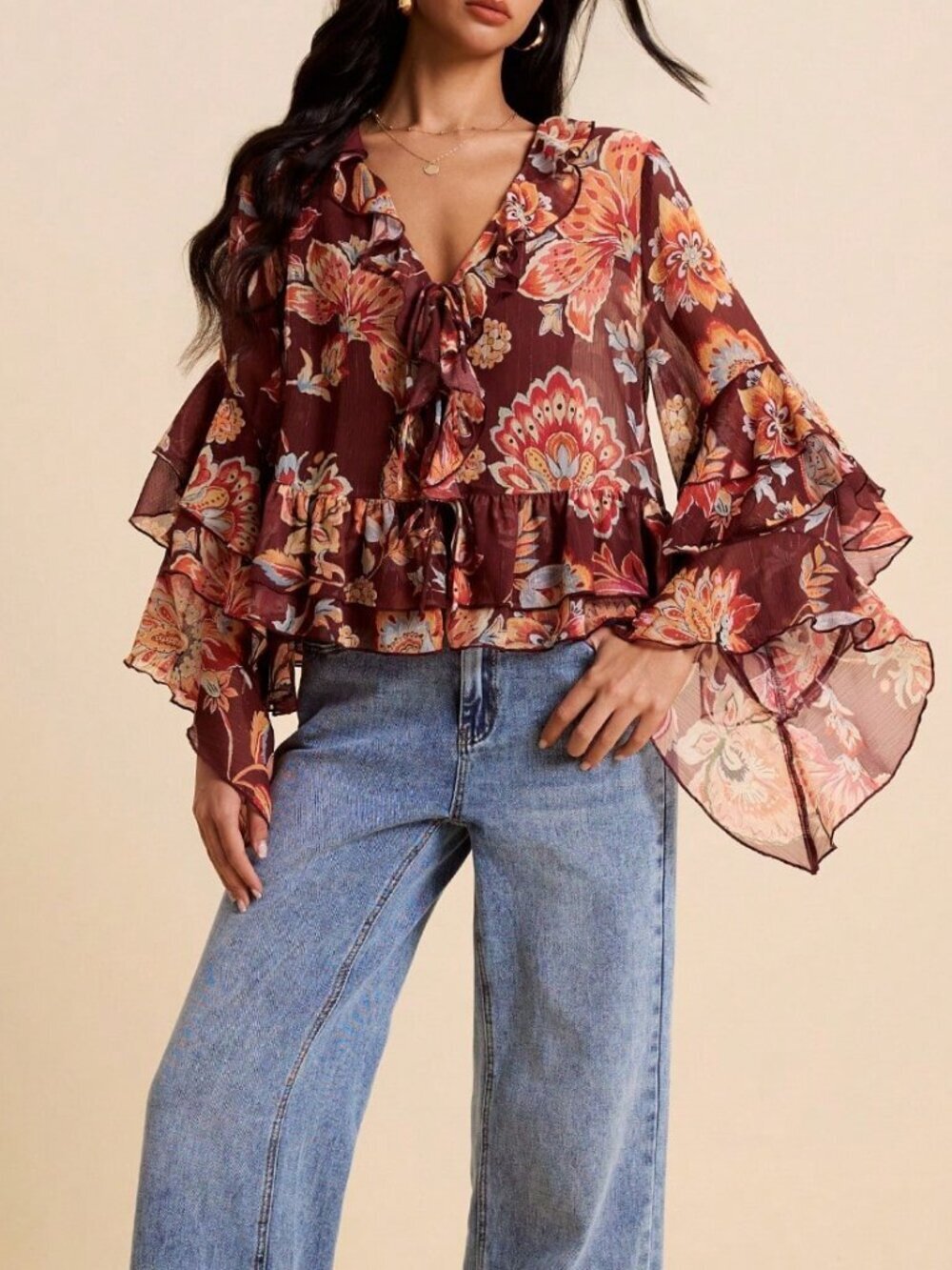 Multicolor Boho Women's All-Over Print V-Neck Ruffle Hem Blouse